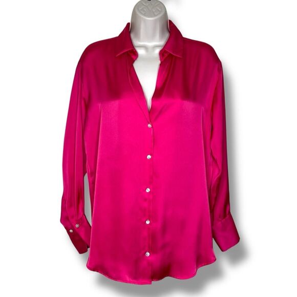 Zara Hot Pink Satin V Neck Long Sleeve Button Front French Cuff Shirt Women XS - Picture 1 of 15